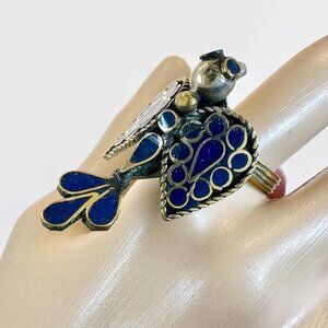 Vintage Bird Ring, Middle Eastern: Afghan Ethnic  Blue Enameled, Statement